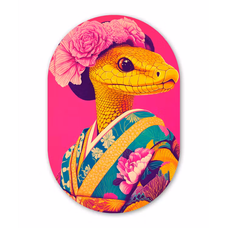 Hagedis - Bloemen - Roze - Kimono Wandcirkel Ovaal Forex klein -3d