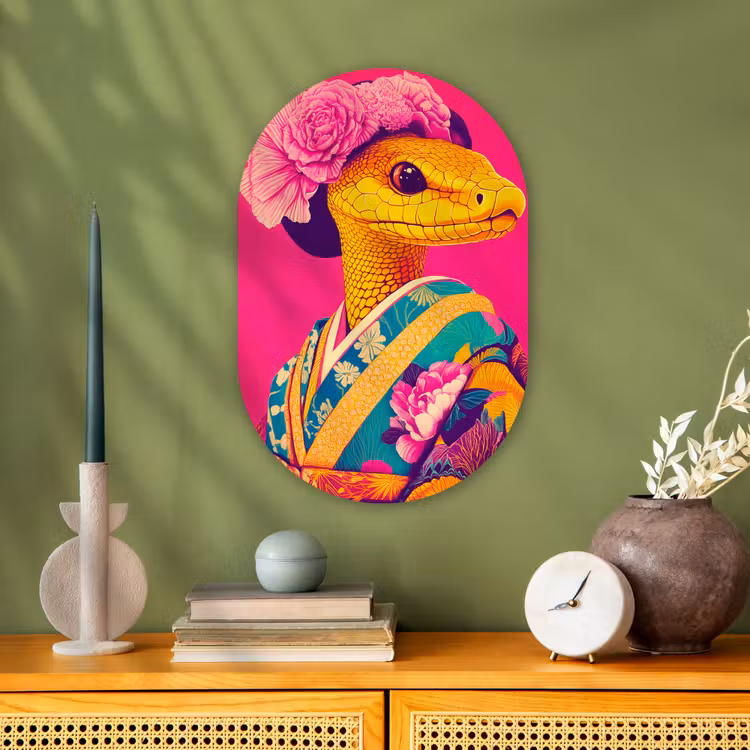 Hagedis - Bloemen - Roze - Kimono Wandcirkel Ovaal Forex klein -sfeer2