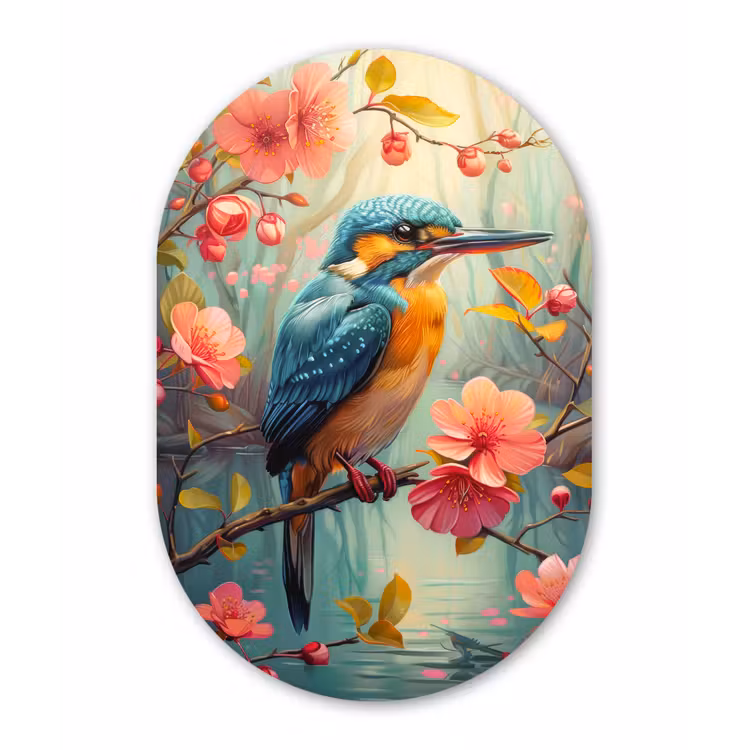 IJsvogel - Bloesem - Natuur - Vogels - Bloemen Wandcirkel Ovaal Forex klein -3d