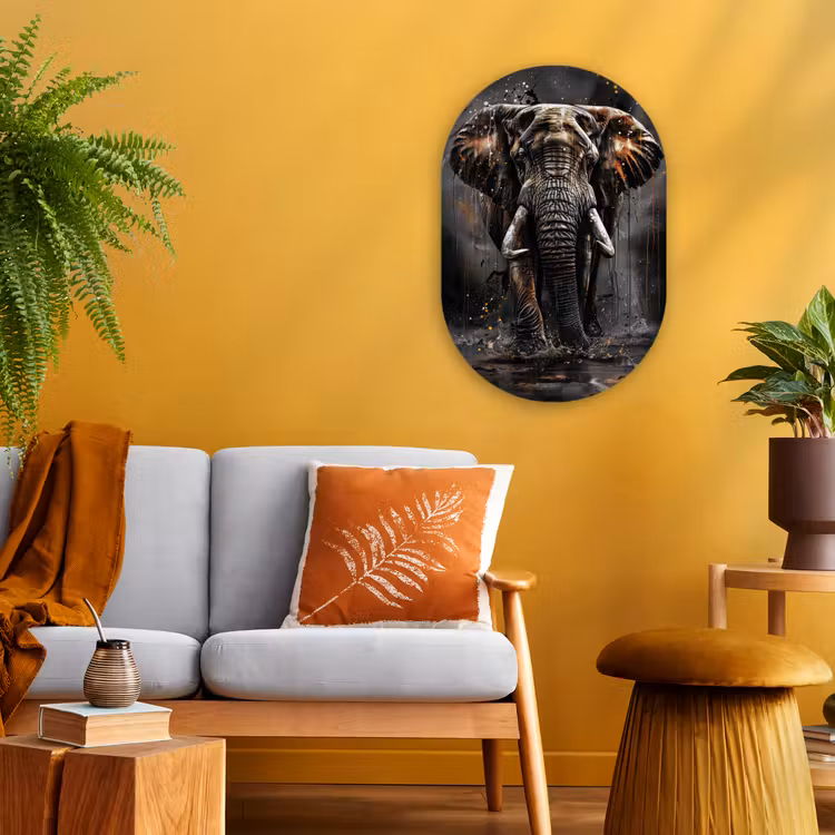 Olifant - Watercolor - Wilde dieren - Luxe Wandcirkel Ovaal Forex klein -sfeer4