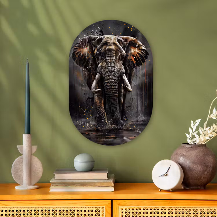 Olifant - Watercolor - Wilde dieren - Luxe Wandcirkel Ovaal Forex klein -sfeer2