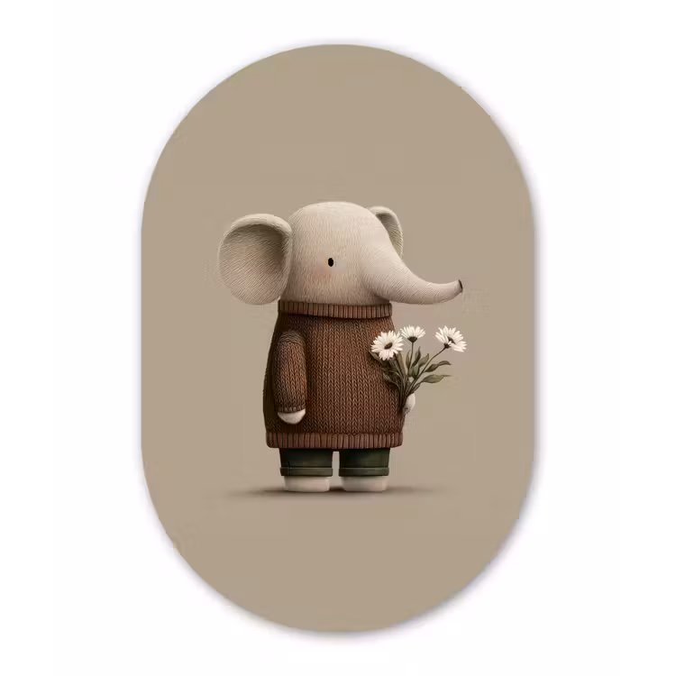 Olifant - Witte bloemen - Kindvriendelijk Wandcirkel Ovaal Forex klein -3d