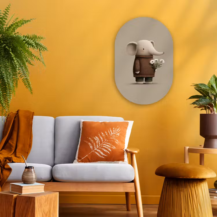Olifant - Witte bloemen - Kindvriendelijk Wandcirkel Ovaal Forex klein -sfeer4
