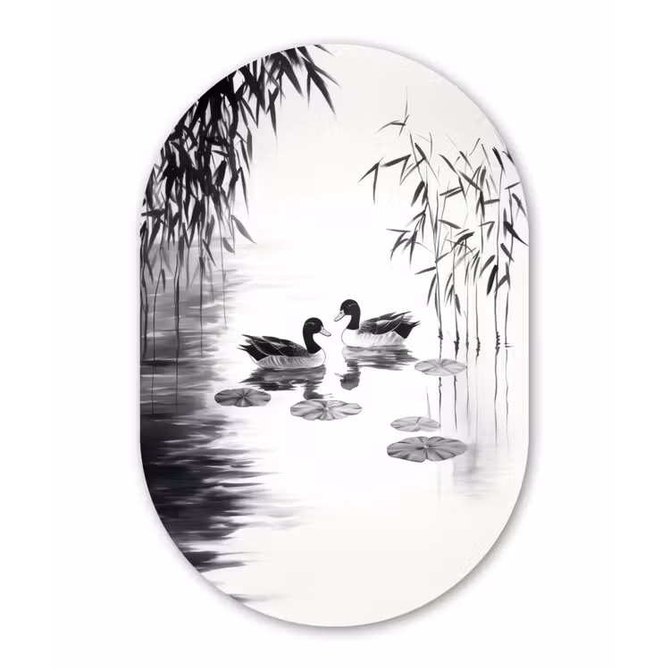 Eenden - Waterlelies - Riet - Zwart Wandcirkel Ovaal Forex klein -3d