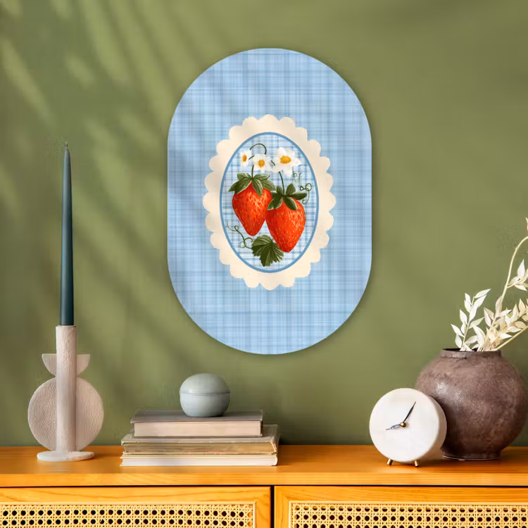 Aardbeien - Lijst - Rood - Geruit Wandcirkel Ovaal Forex klein -sfeer2
