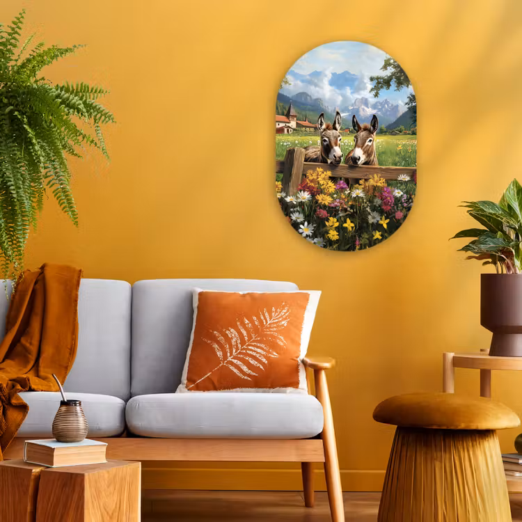 Ezels - Bloemen - Zomers Wandcirkel Ovaal Forex klein -sfeer4
