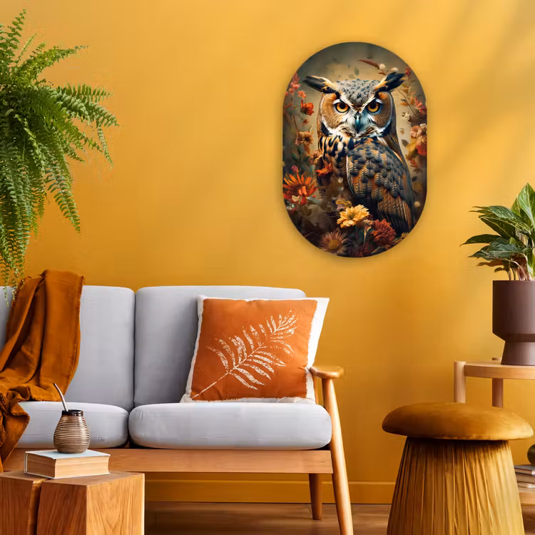 Uil - Vogel - Bloemen - Planten - Botanisch Wandcirkel Ovaal Forex klein -sfeer4