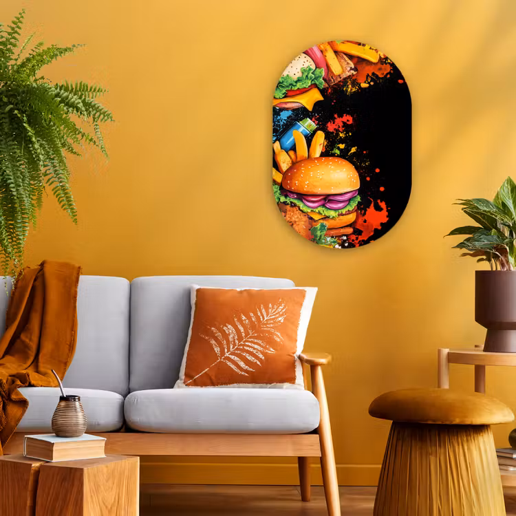 Fastfood - Graffiti - Hamburger - Eten - Modern Wandcirkel Ovaal Forex klein -sfeer4