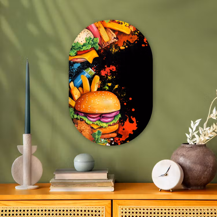Fastfood - Graffiti - Hamburger - Eten - Modern Wandcirkel Ovaal Forex klein -sfeer2