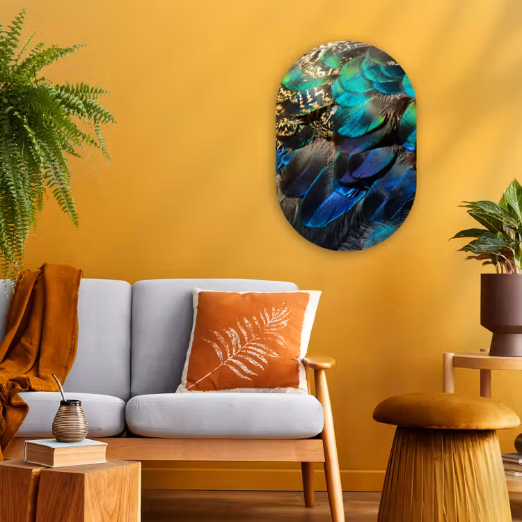 Veren - Pauwveren - Pauw - Blauw - Kunst Wandcirkel Ovaal Forex klein -sfeer4