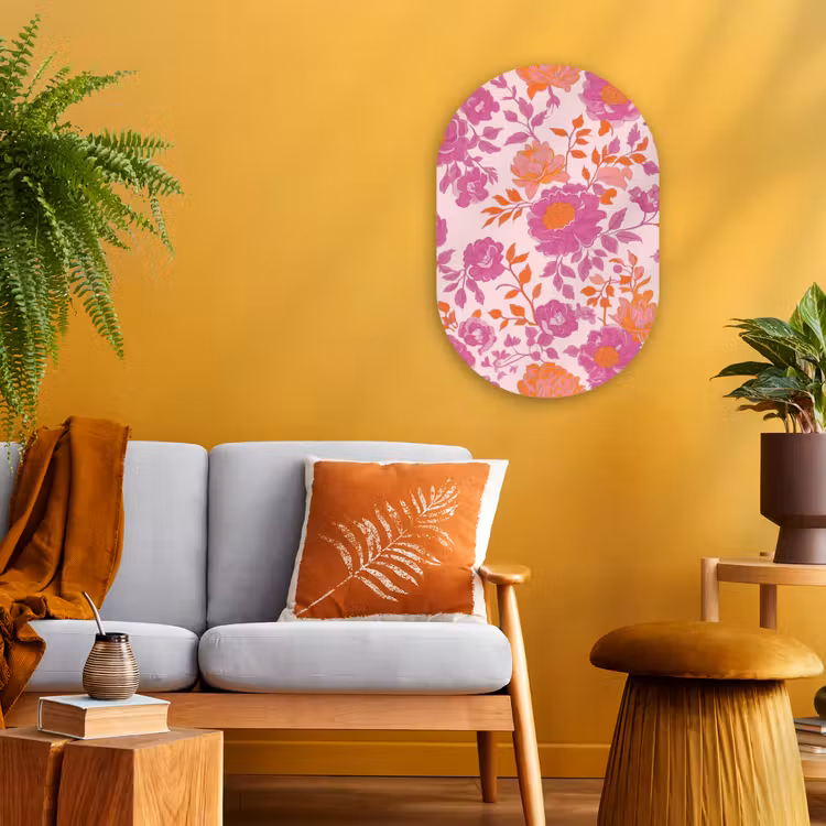 Bloemenpatroon - Roze - Oranje - Bloemen Wandcirkel Ovaal Forex klein -sfeer4