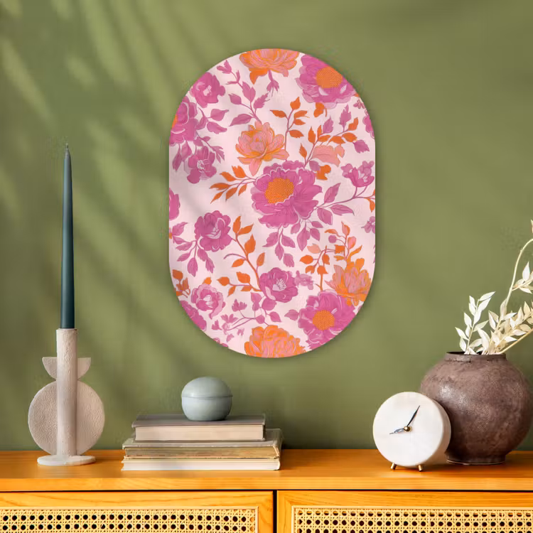 Bloemenpatroon - Roze - Oranje - Bloemen Wandcirkel Ovaal Forex klein -sfeer2