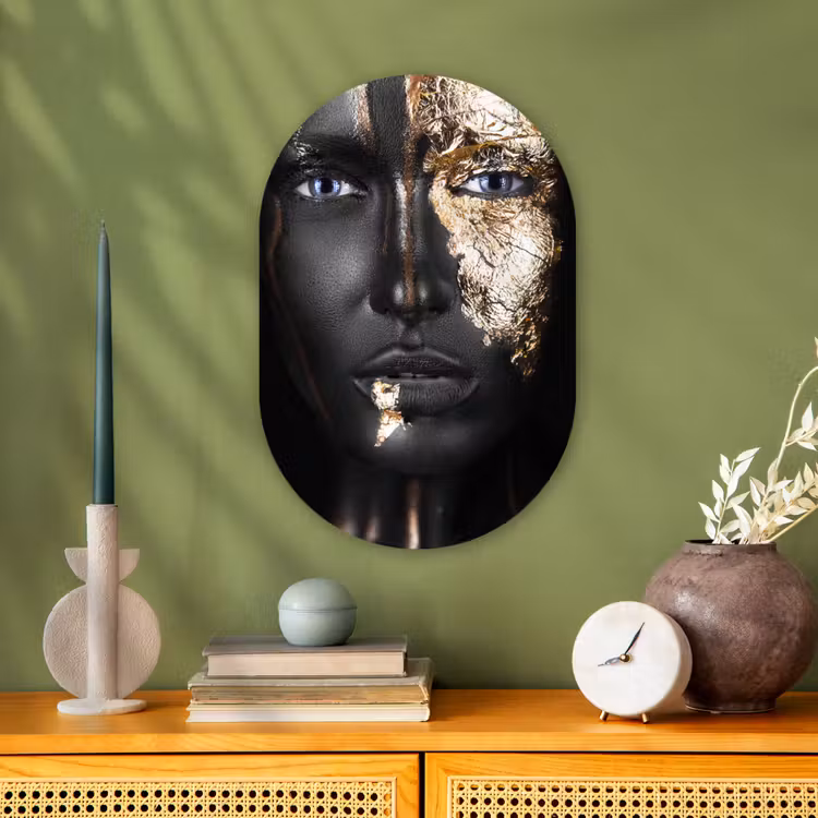 Vrouw - Bladgoud - Zwart - Goud - Luxe Wandcirkel Ovaal Forex klein -sfeer2