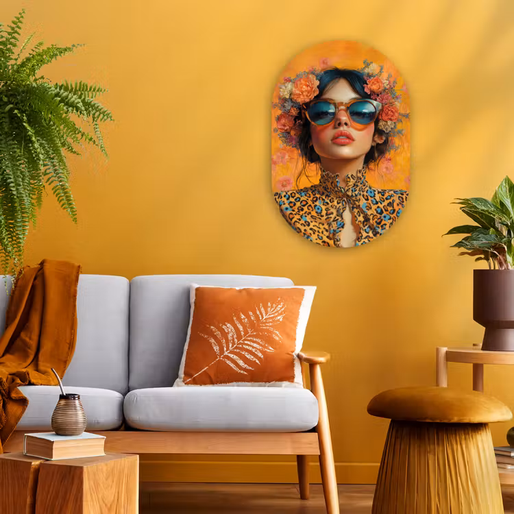 Vrouw - Bloemen - Aesthetic - Oranje Wandcirkel Ovaal Forex klein -sfeer4