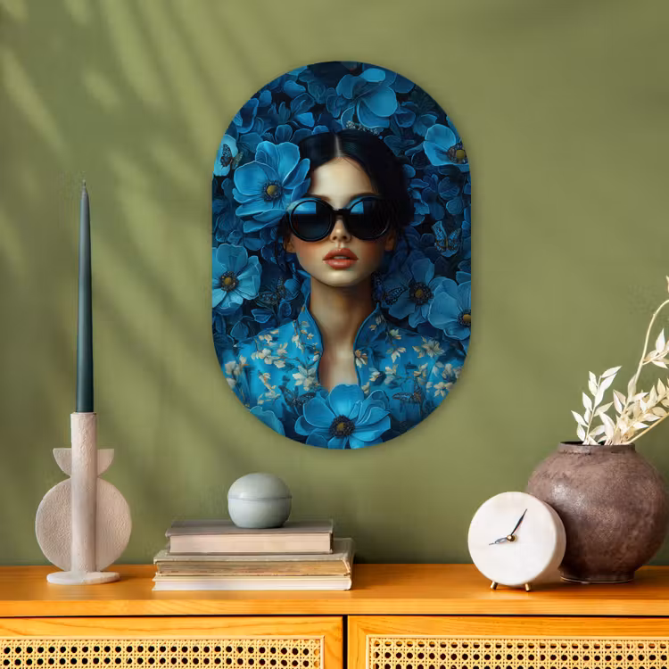 Vrouw - Bloemen - Blauw - Aesthetic - Luxe Wandcirkel Ovaal Forex klein -sfeer2