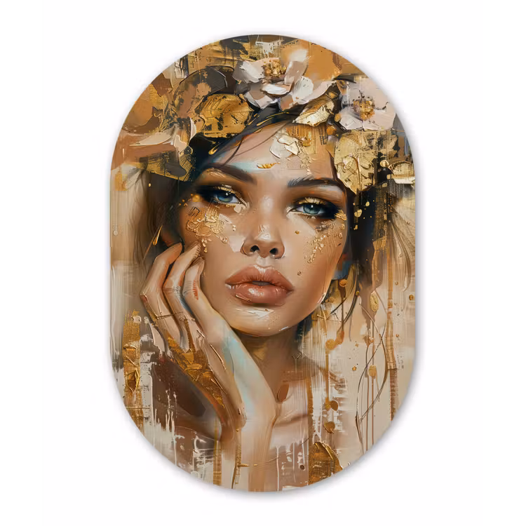 Vrouw - Bloemen - Goud - Portret Wandcirkel Ovaal Forex klein -3d