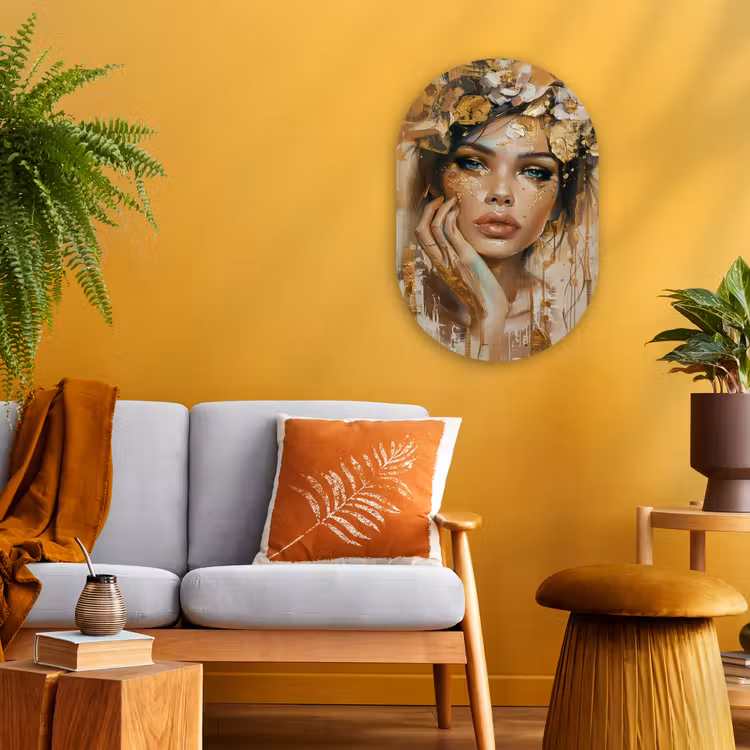 Vrouw - Bloemen - Goud - Portret Wandcirkel Ovaal Forex klein -sfeer4