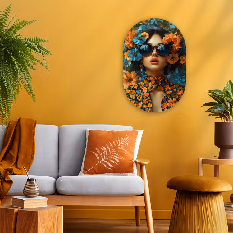 Vrouw - Bloemen - Oranje - Blauw - Modern Wandcirkel Ovaal Forex klein -sfeer4