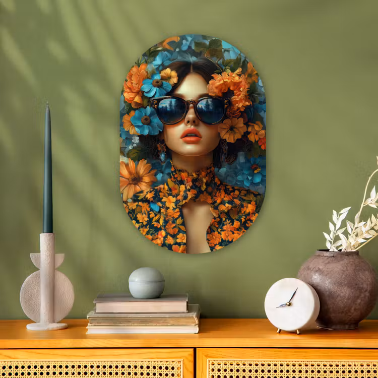 Vrouw - Bloemen - Oranje - Blauw - Modern Wandcirkel Ovaal Forex klein -sfeer2