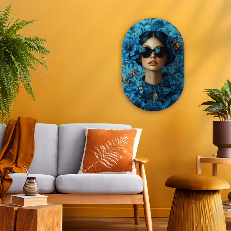 Vrouw - Bloemen - Vlinders - Blauw - Abstract Wandcirkel Ovaal Forex klein -sfeer4