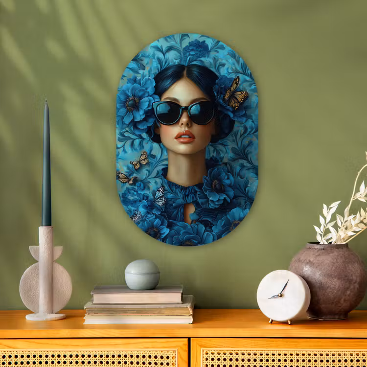 Vrouw - Bloemen - Vlinders - Blauw - Abstract Wandcirkel Ovaal Forex klein -sfeer2