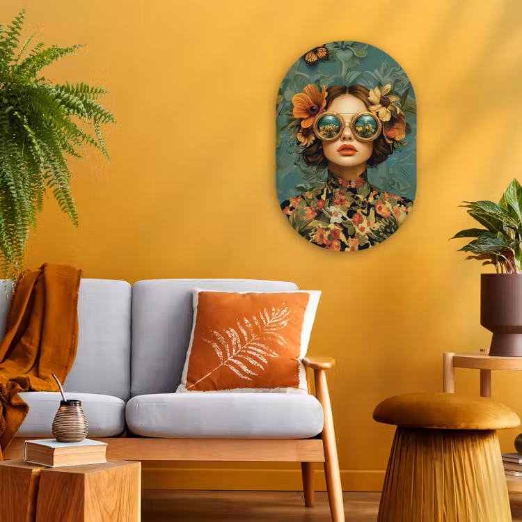 Vrouw - Bloemen - Vlinders - Natuur - Vintage Wandcirkel Ovaal Forex klein -sfeer4