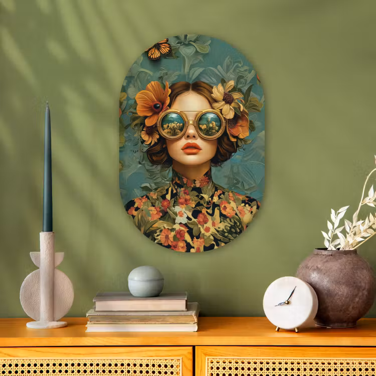 Vrouw - Bloemen - Vlinders - Natuur - Vintage Wandcirkel Ovaal Forex klein -sfeer2