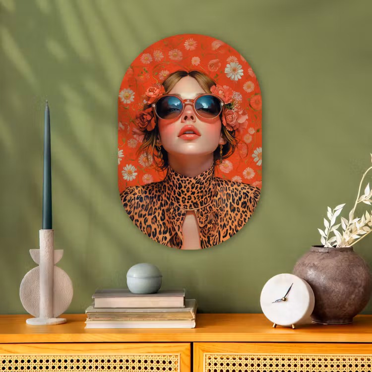 Vrouw - Kleurrijk - Dierenprint - Bloemen Wandcirkel Ovaal Forex klein -sfeer2