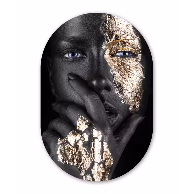 Vrouw - Goud - Zwart - Schmink - Luxe Wandcirkel Ovaal Forex klein -3d
