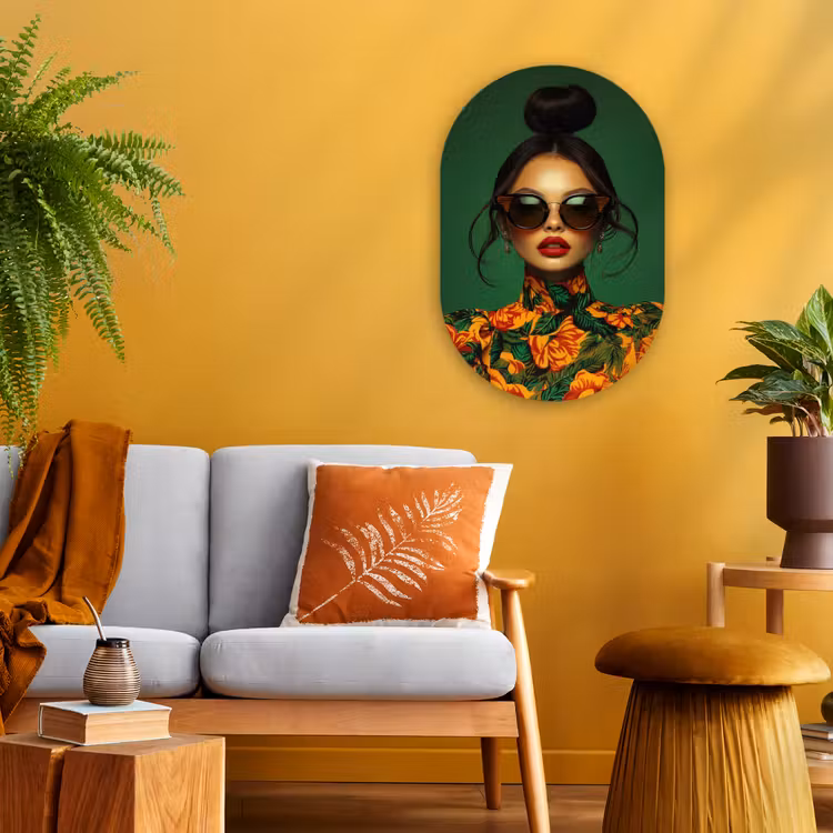 Vrouw - Groen - Modern - Bril - Abstract Wandcirkel Ovaal Forex klein -sfeer4