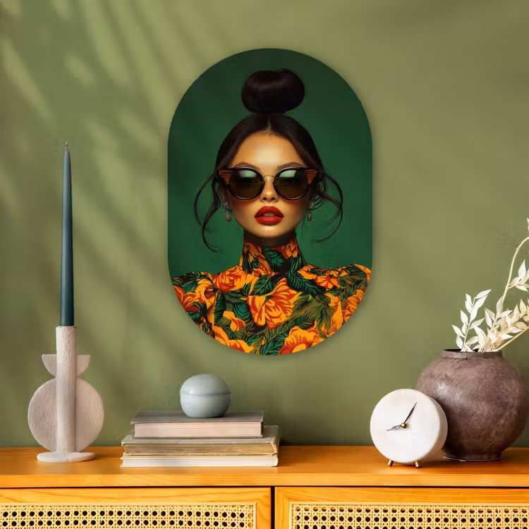 Vrouw - Groen - Modern - Bril - Abstract Wandcirkel Ovaal Forex klein -sfeer2