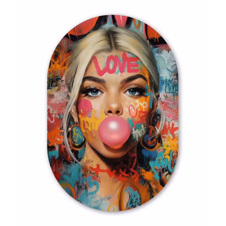 Vrouw - Kauwgom - Graffiti - Love Wandcirkel Ovaal Forex klein -3d
