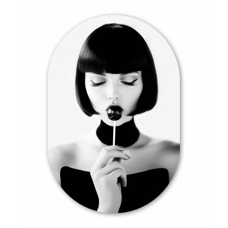 Vrouw - Lolly - Zwart - Wit Wandcirkel Ovaal Forex klein -3d