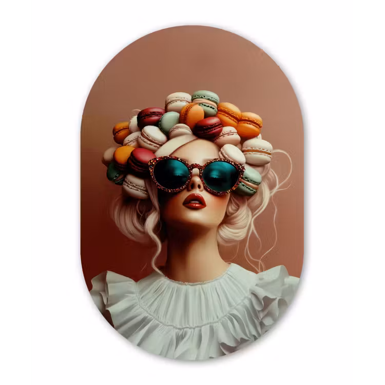 Vrouw - Macarons - Bril Wandcirkel Ovaal Forex klein -3d