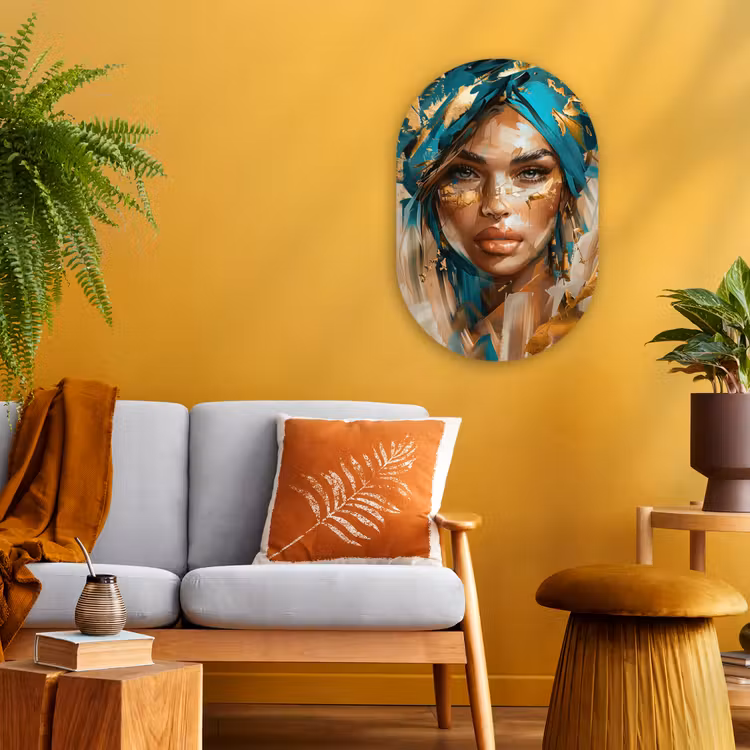 Vrouw - Portret - Goud - Luxe - Blauw Wandcirkel Ovaal Forex klein -sfeer4