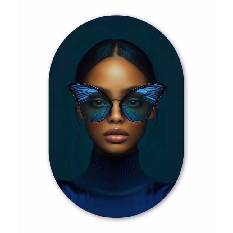 Vrouw - Vlinder - Bril - Blauw - Modern - Portret Wandcirkel Ovaal Forex klein -3d