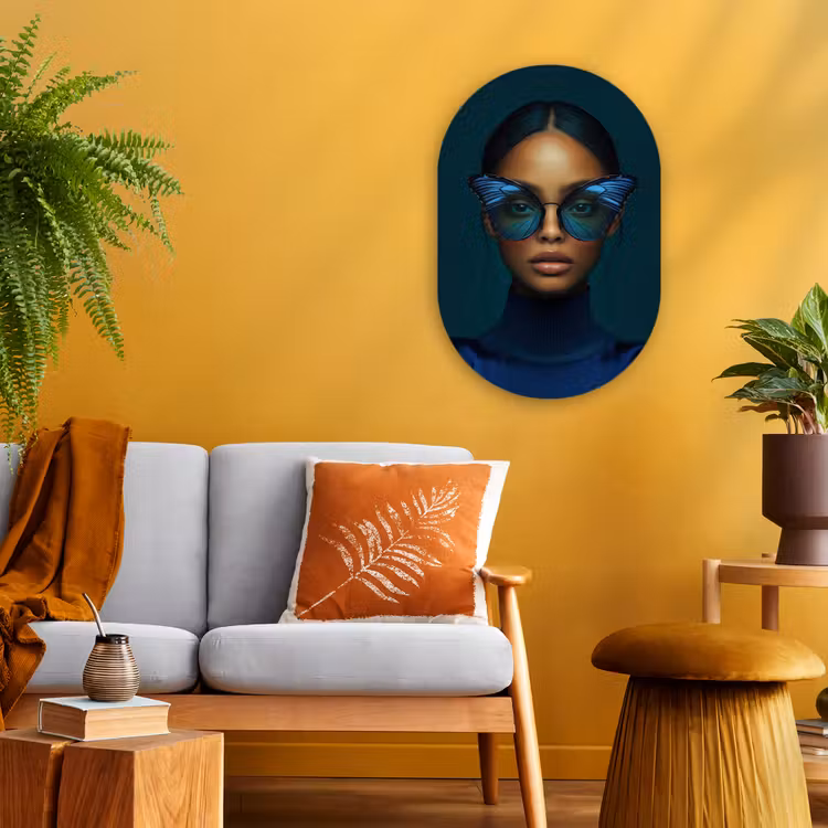 Vrouw - Vlinder - Bril - Blauw - Modern - Portret Wandcirkel Ovaal Forex klein -sfeer4