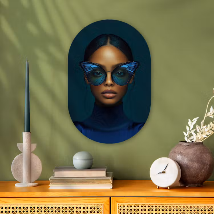 Vrouw - Vlinder - Bril - Blauw - Modern - Portret Wandcirkel Ovaal Forex klein -sfeer2