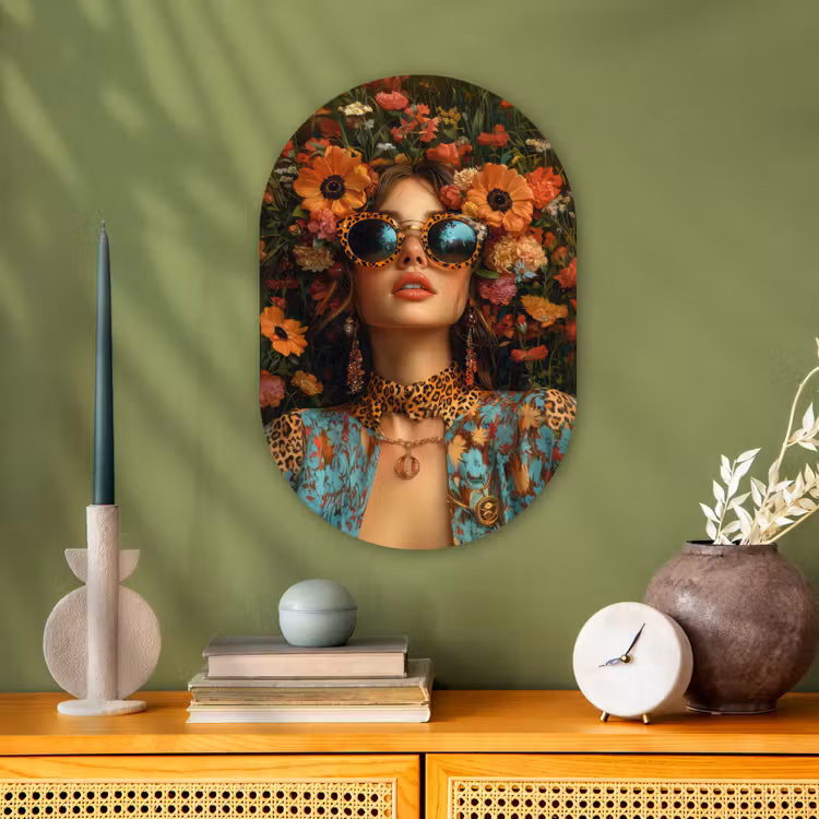 Vrouwen - Bloemen - Modern - Bril - Abstract Wandcirkel Ovaal Forex klein -sfeer2