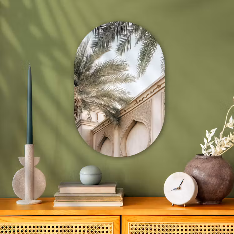 Gebouw - Palmbomen - Beige - Zon Wandcirkel Ovaal Forex klein -sfeer2