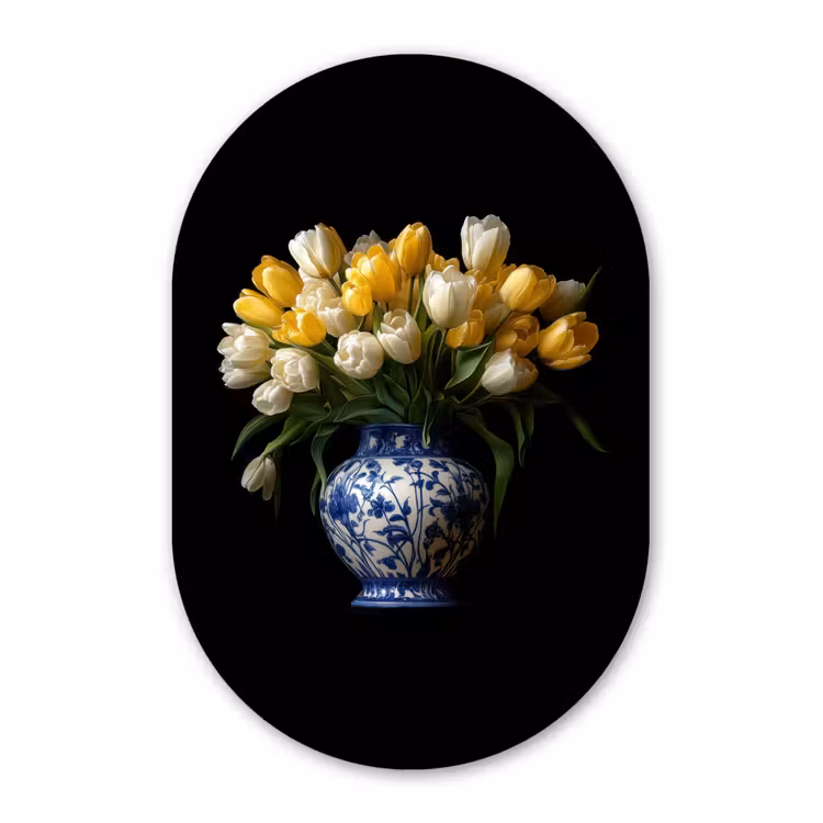 Geel - Tulpen - Vaas - Bloemen Wandcirkel Ovaal Forex klein -3d