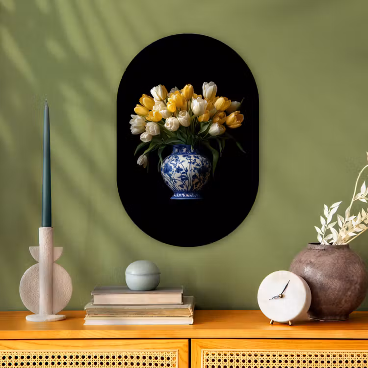 Geel - Tulpen - Vaas - Bloemen Wandcirkel Ovaal Forex klein -sfeer2