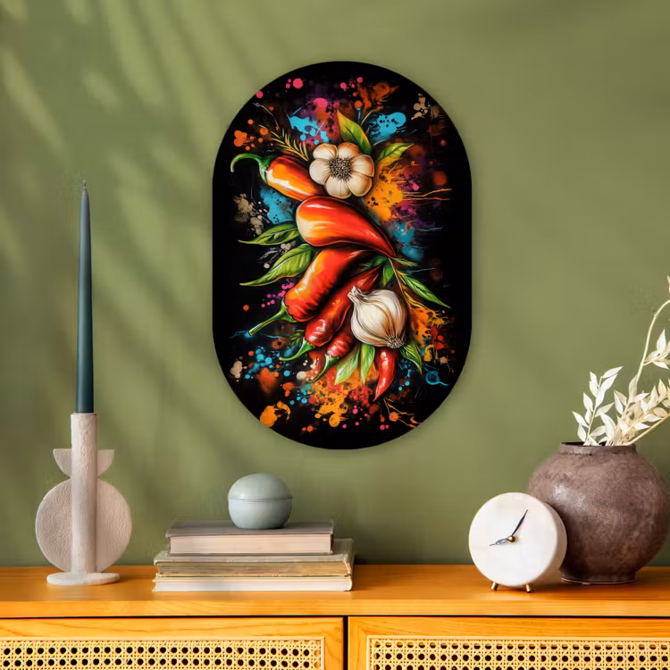 Groente - Peper - Knoflook - Graffiti - Verf - Kleurrijk Wandcirkel Ovaal Forex klein -sfeer2