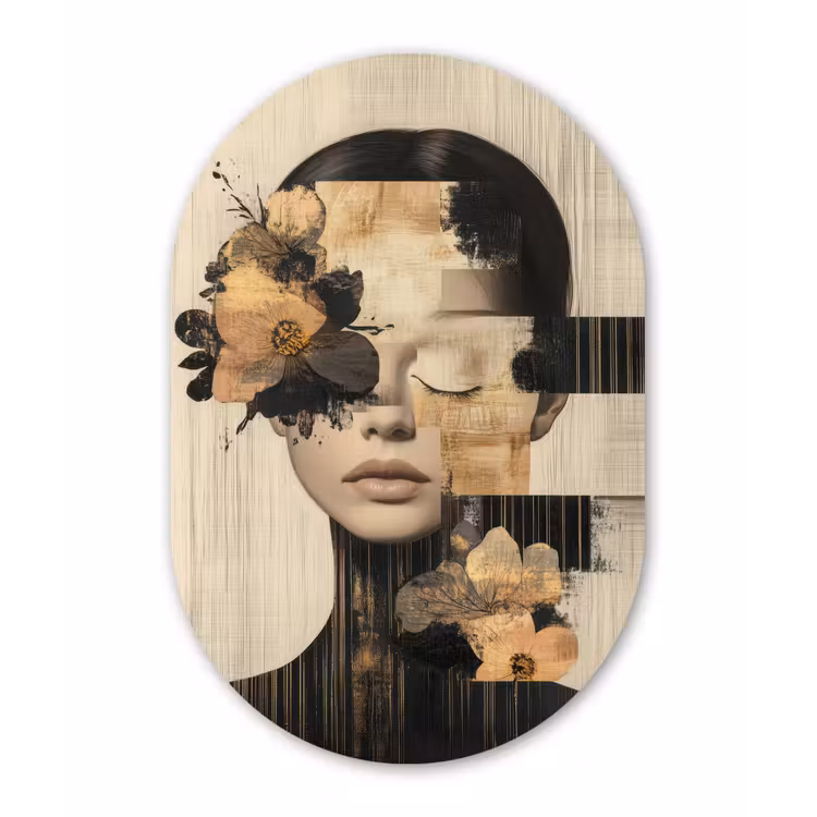 Gezicht - Bloemen - Zwart - Vrouw Wandcirkel Ovaal Forex klein -3d