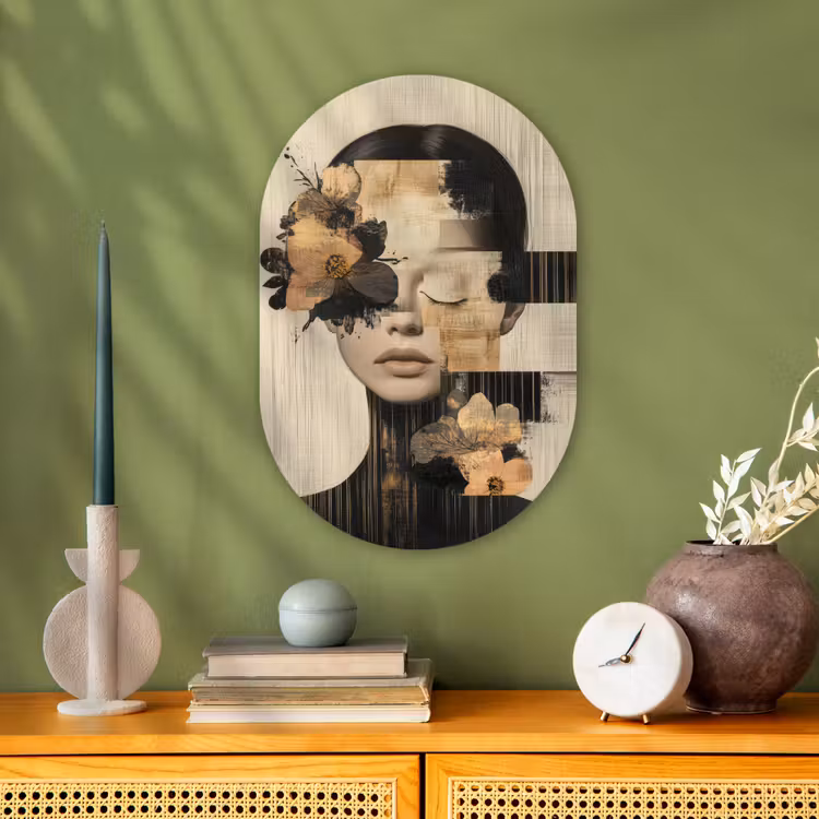 Gezicht - Bloemen - Zwart - Vrouw Wandcirkel Ovaal Forex klein -sfeer2