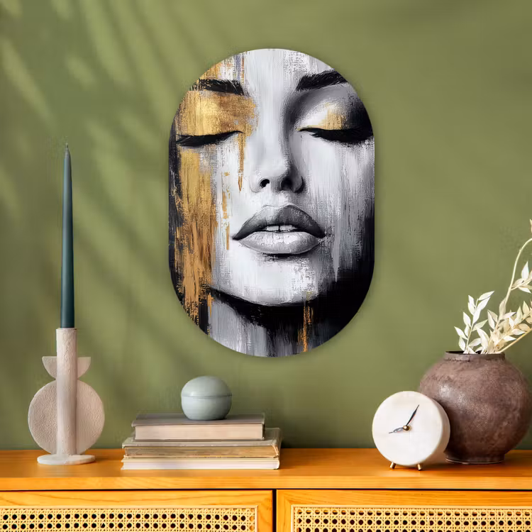 Gezicht - Vrouw - Penseelstreken - Abstract Wandcirkel Ovaal Forex klein -sfeer2