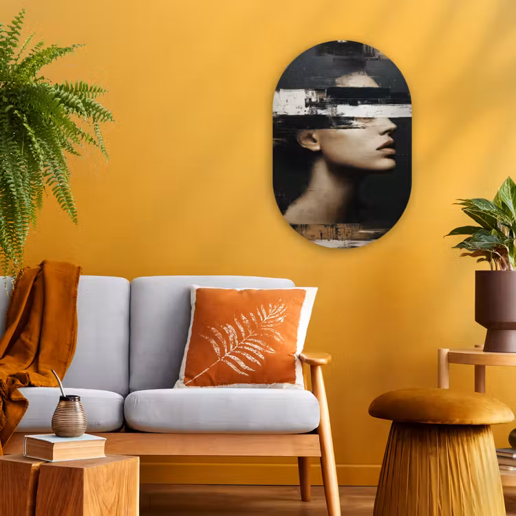 Gezicht - Vrouw - Zwart - Abstract Wandcirkel Ovaal Forex klein -sfeer4