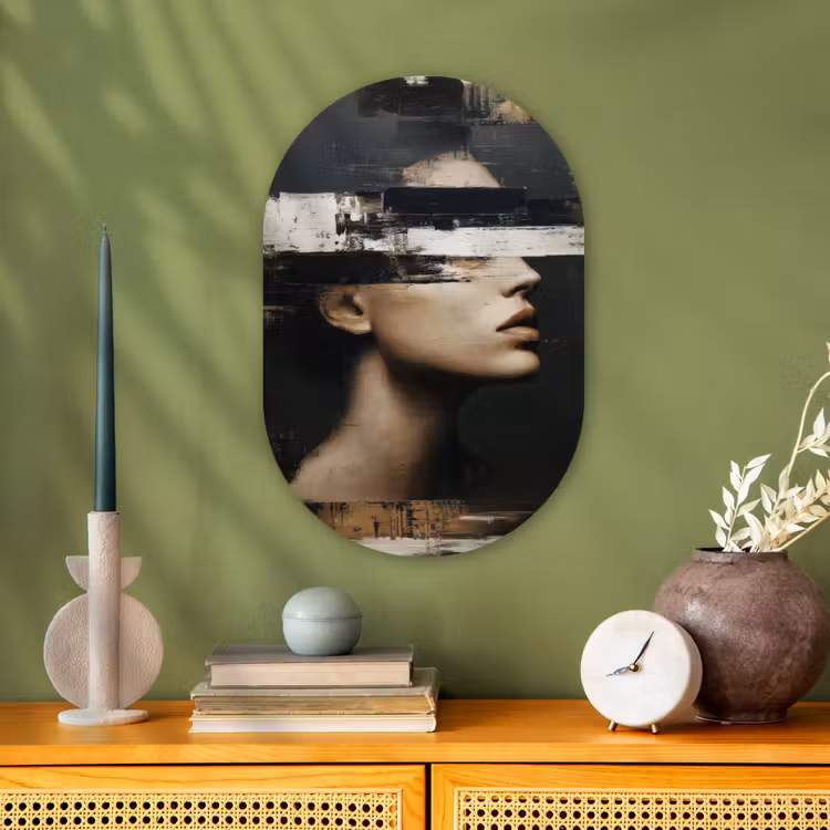 Gezicht - Vrouw - Zwart - Abstract Wandcirkel Ovaal Forex klein -sfeer2
