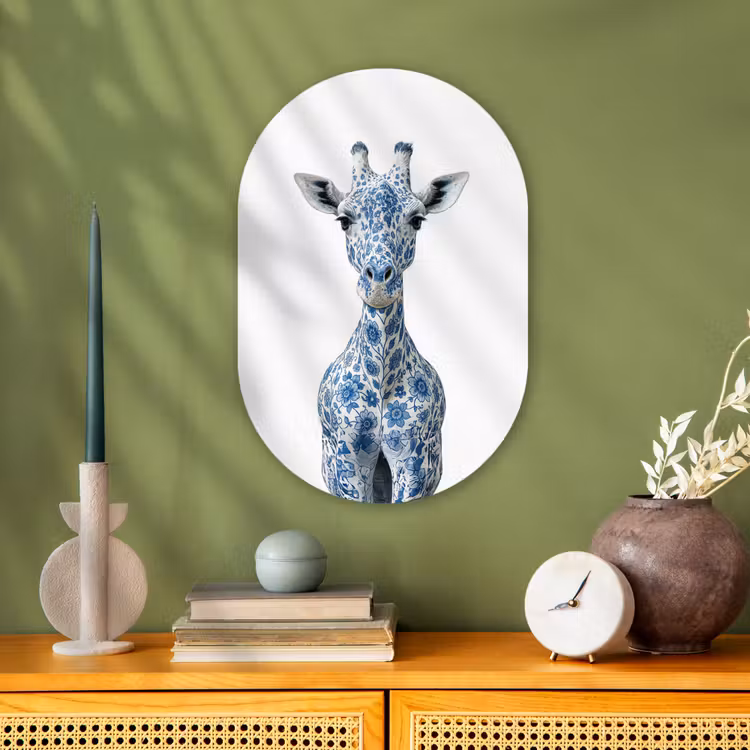 Giraffe - Delfts blauw - Dieren - Minimalistisch Wandcirkel Ovaal Forex klein -sfeer2