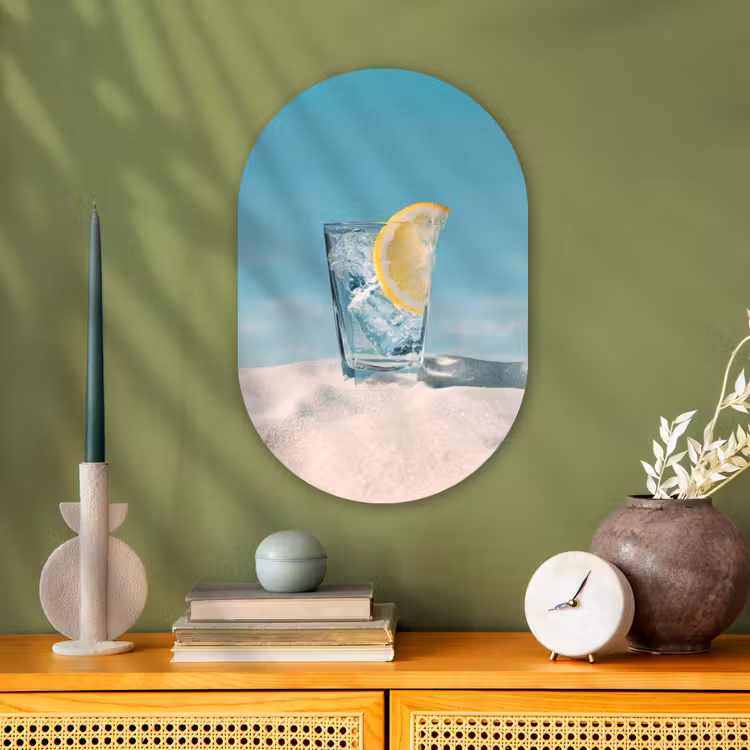 Glas - ijsblokjes - Citroen Wandcirkel Ovaal Forex klein -sfeer2